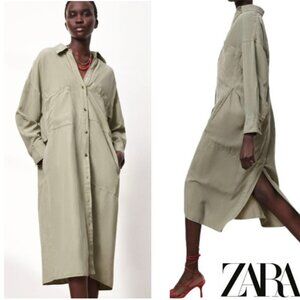 Zara Womens Green Linen Blend Button Front Shirt Dress with Pockets Oversized M
